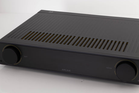 Close up of a used Arcam A5 Integrated Amplifier in a Black finish showing fascia