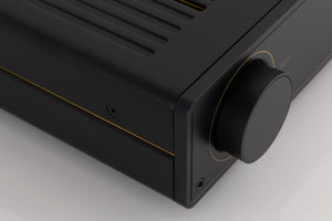Front left corner of a used Arcam A5 Integrated Amplifier in a Black finish