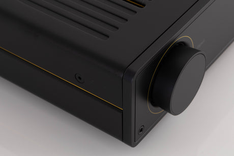 Front left corner of a used Arcam A5 Integrated Amplifier in a Black finish
