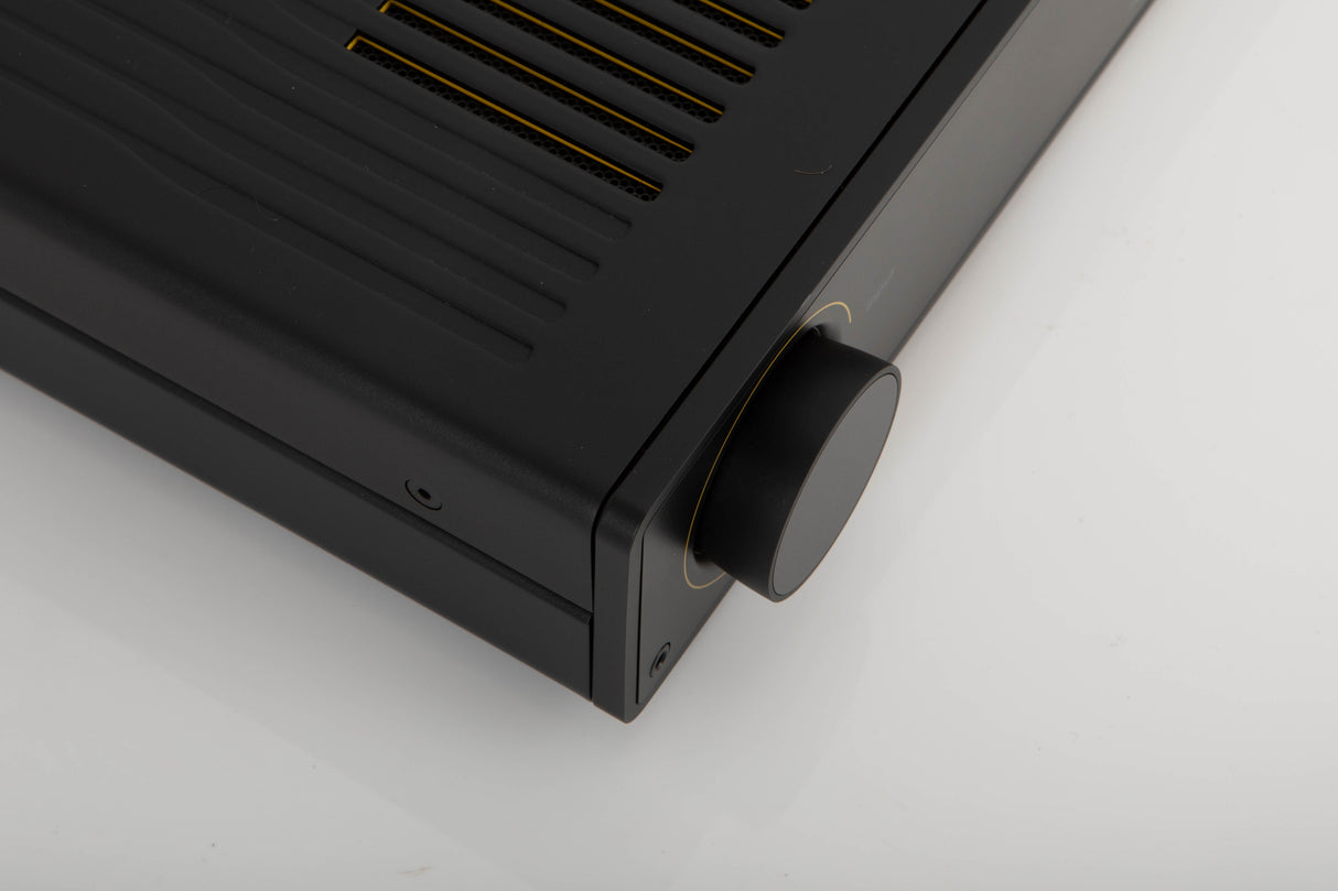 Front left corner of a used Arcam A5 Integrated Amplifier in a black finish