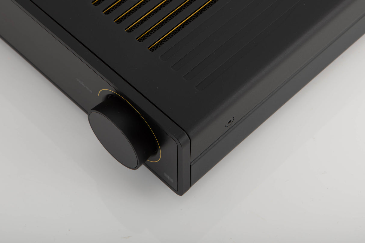Front right corner of a used Arcam A5 Integrated Amplifier in a black finish