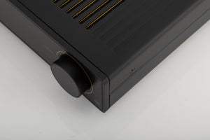 Front right corner of a used Arcam A5 Integrated Amplifier in a black finish