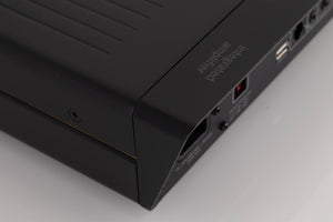 Rear right corner of a used Arcam A5 Integrated Amplifier in a Black finish