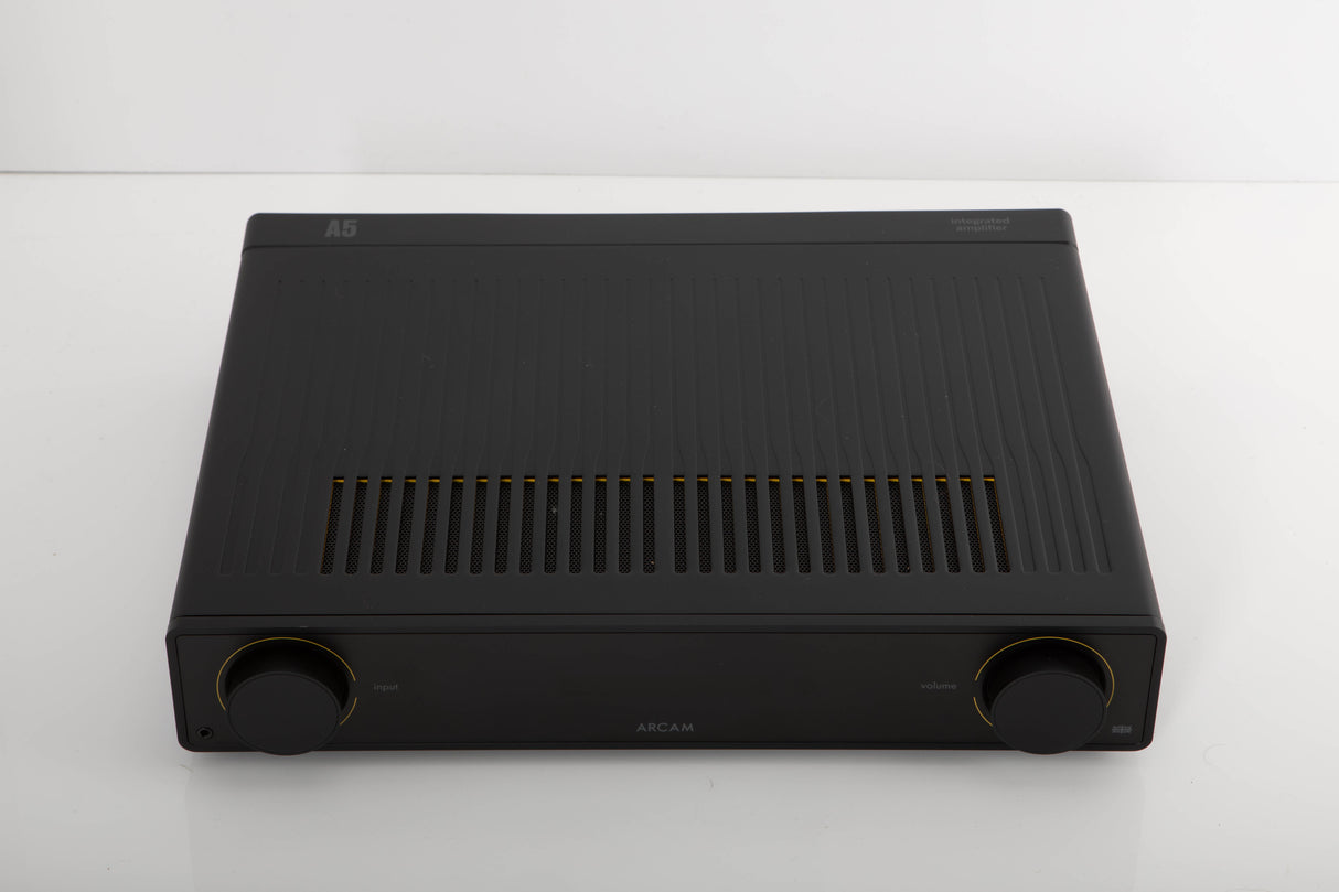 Top of a used Arcam A5 Integrated Amplifier in a black finish
