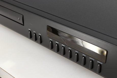 Close up of a used Arcam Alpha 5 Plus CD Player in a black finish showing scratching on fascia and screen