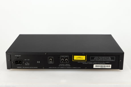 Rear view of a used Arcam Alpha 5 Plus CD Player in a black finish showing Phono Outputs and Mains Input