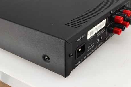 Rear right corner of a used Arcam Alpha 5 Plus Integrated Amplifier in a black finish