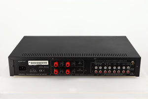 Rear view of a used Arcam Alpha 5 Plus Integrated Amplifier in a black finish showing Mains Input, Phono Inputs and Outputs and Speaker Inputs