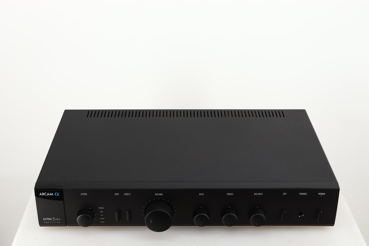 Top of a used Arcam Alpha 5 Plus Integrated Amplifier in a black finish