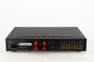 Rear view of a used Arcam Alpha 8R Integrated Amplifier in a black finish showing Mains Input, Phono Inputs and Speaker Inputs