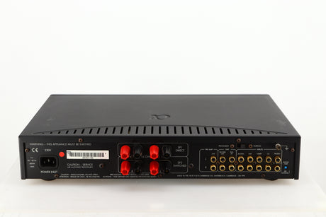 Rear view of a used Arcam Alpha 8R Integrated Amplifier in a black finish showing Mains Input, Phono Inputs and Speaker Inputs