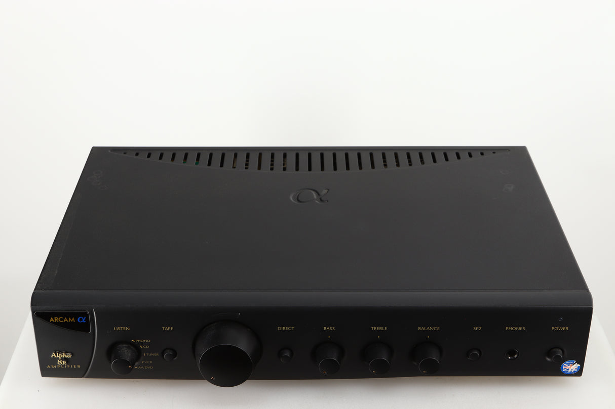 Top of a used Arcam Alpha 8R Integrated Amplifier in a black finish