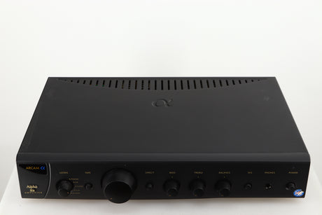 Top of a used Arcam Alpha 8R Integrated Amplifier in a black finish