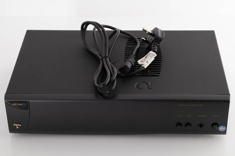 Top of a used Arcam Alpha 9 Power Amplifier in a Black finish showing Mains Cable