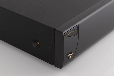 Front left corner of a used Arcam Alpha 9 Power Amplifier in a Black finish