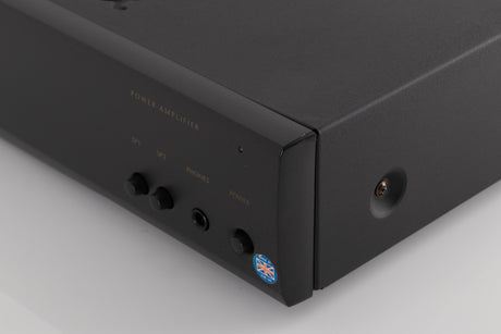 Front right corner of a used Arcam Alpha 9 Power Amplifier in a Black finish