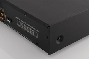 Rear left corner of a used Arcam Alpha 9 Power Amplifier in a Black finish