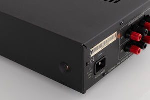 Rear right corner of a used Arcam Alpha 9 Power Amplifier in a Black finish