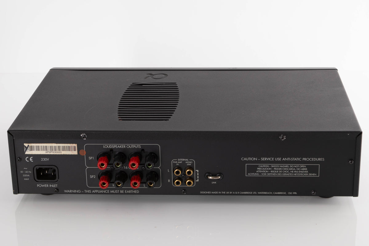 Rear view of a used Arcam Alpha 9 Power Amplifier in a Black finish showing Mains Input, Speaker Outputs and Phono Inputs