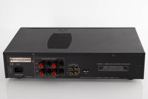 Rear view of a used Arcam Alpha 9 Power Amplifier in a Black finish showing Mains Input, Speaker Outputs and Phono Inputs