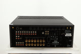 Rear view of a used Arcam AVR30 AV Amplifier in a grey finish showing Mains Input, Speaker Outputs, Phono Inputs, Phono Outputs, HDMI Outputs, Network Input, USB Input and Optical Output