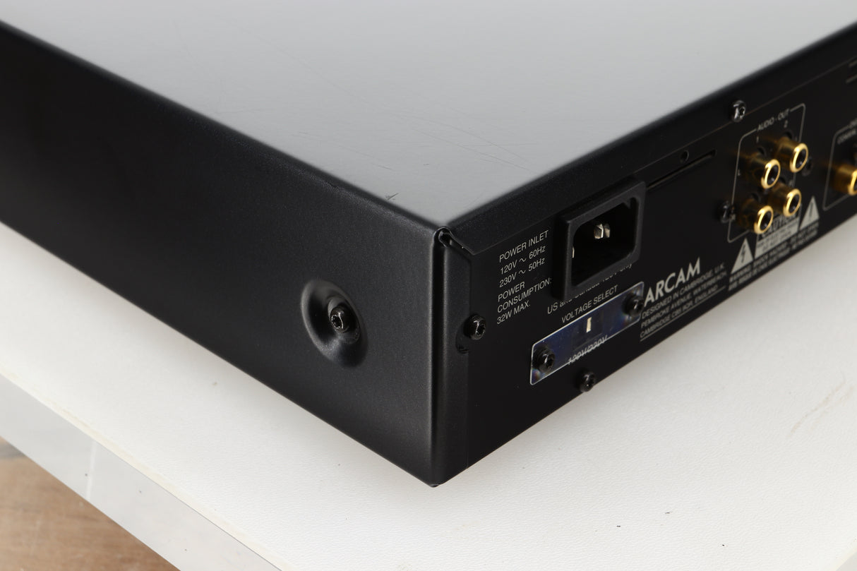 Rear left corner view of a used Arcam CD73T CD Player in Black finish