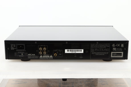 Rear view of a used Arcam CD73T CD Player in Black finish showing mains input, RCA, optical, and coax output 