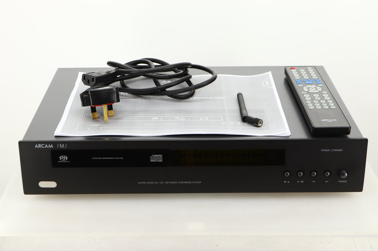 View of a used Arcam CDS27 CD/Network Player in Black finish showing mains cable, remote, and antenna