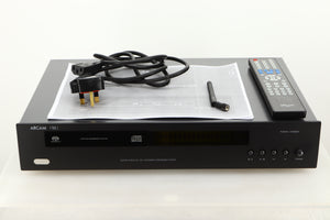 View of a used Arcam CDS27 CD/Network Player in Black finish showing mains cable, remote, and antenna