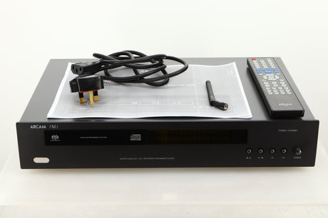 View of a used Arcam CDS27 CD/Network Player in Black finish showing mains cable, remote, and antenna