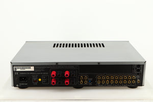 Rear view of a used Arcam Diva A85 Integrated Amplifier in a silver finish showing Phono Inputs, Phono Outputs and Mains Input