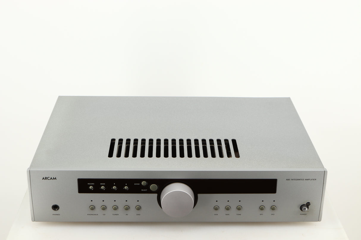 Top of a used Arcam Diva A85 Integrated Amplifier in a silver finish