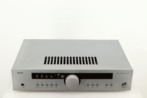 Top of a used Arcam Diva A85 Integrated Amplifier in a silver finish