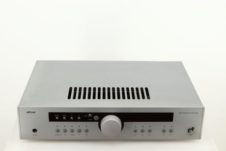 Top of a used Arcam Diva A85 Integrated Amplifier in a silver finish