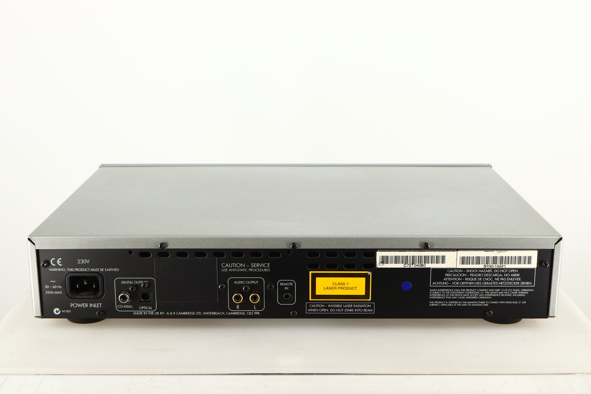 Rear view of a used Arcam Diva CD72 CD Player in a silver finish showing Mains Input, Phono Outputs and Optical Output