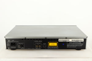 Rear view of a used Arcam Diva CD72 CD Player in a silver finish showing Mains Input, Phono Outputs and Optical Output
