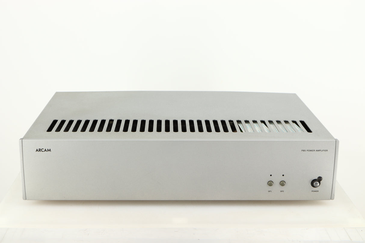 Front view of a used Arcam P85/3 Power Amplifier in a silver finish