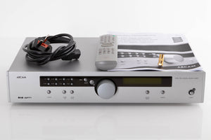 Front view of a used Arcam DT91 Digital Radio Tuner in Silver with mains cable, remote, and BNC adaptor