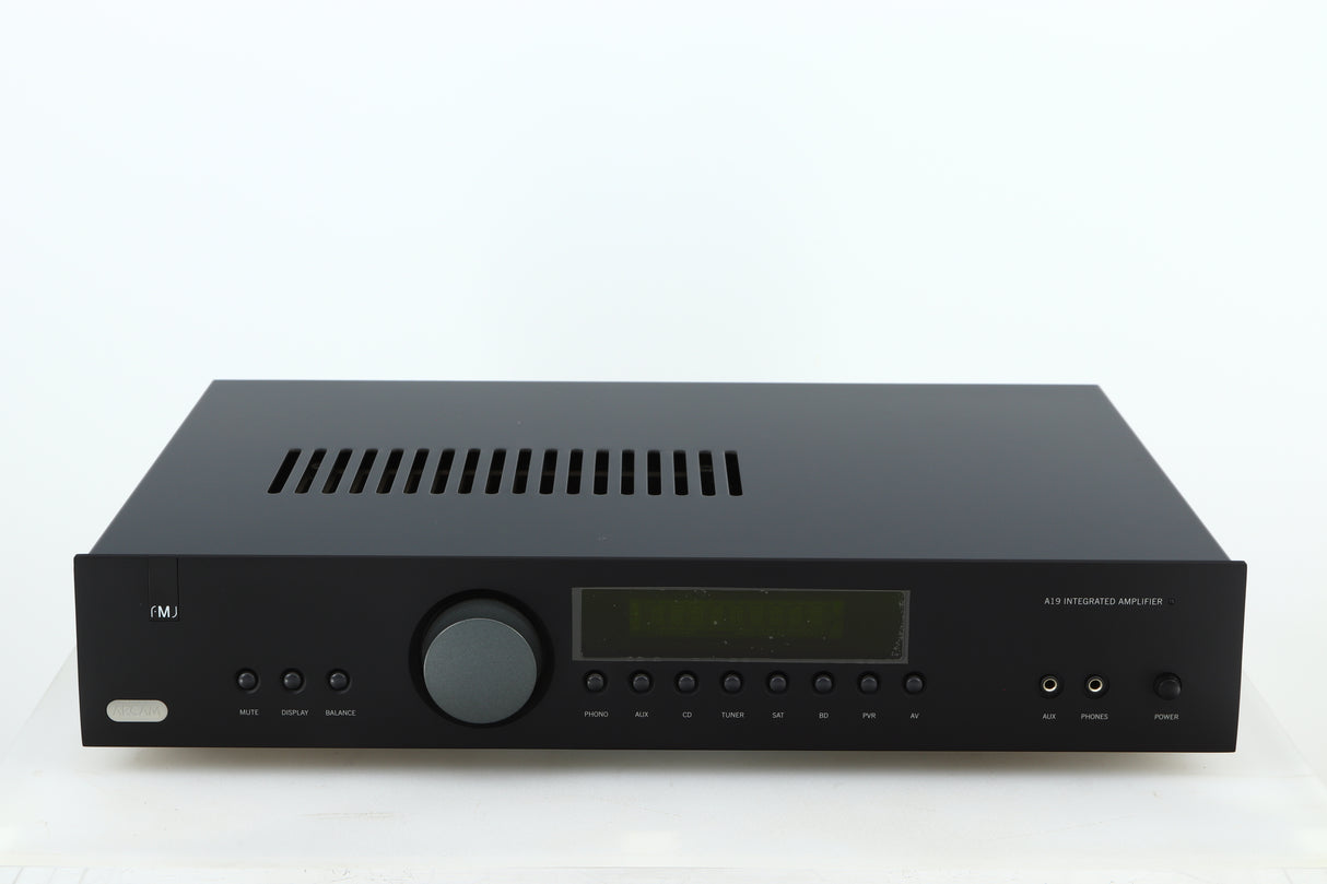 Front view of a used Arcam FMJ A19 Integrated Amplifier in a black finish