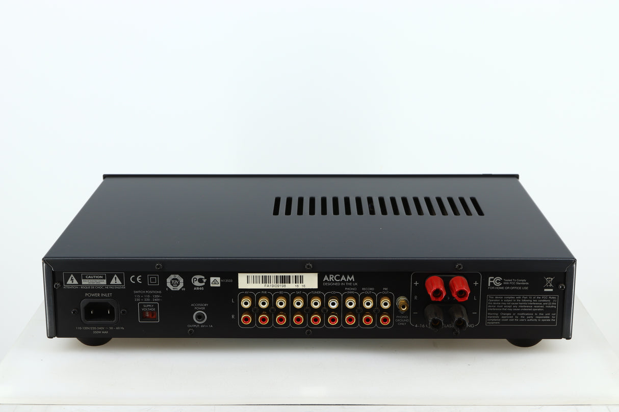 Rear view of a used Arcam FMJ A19 Integrated Amplifier in a black finish showing Mains Input, Speaker Inputs and Phono Inputs/Outputs