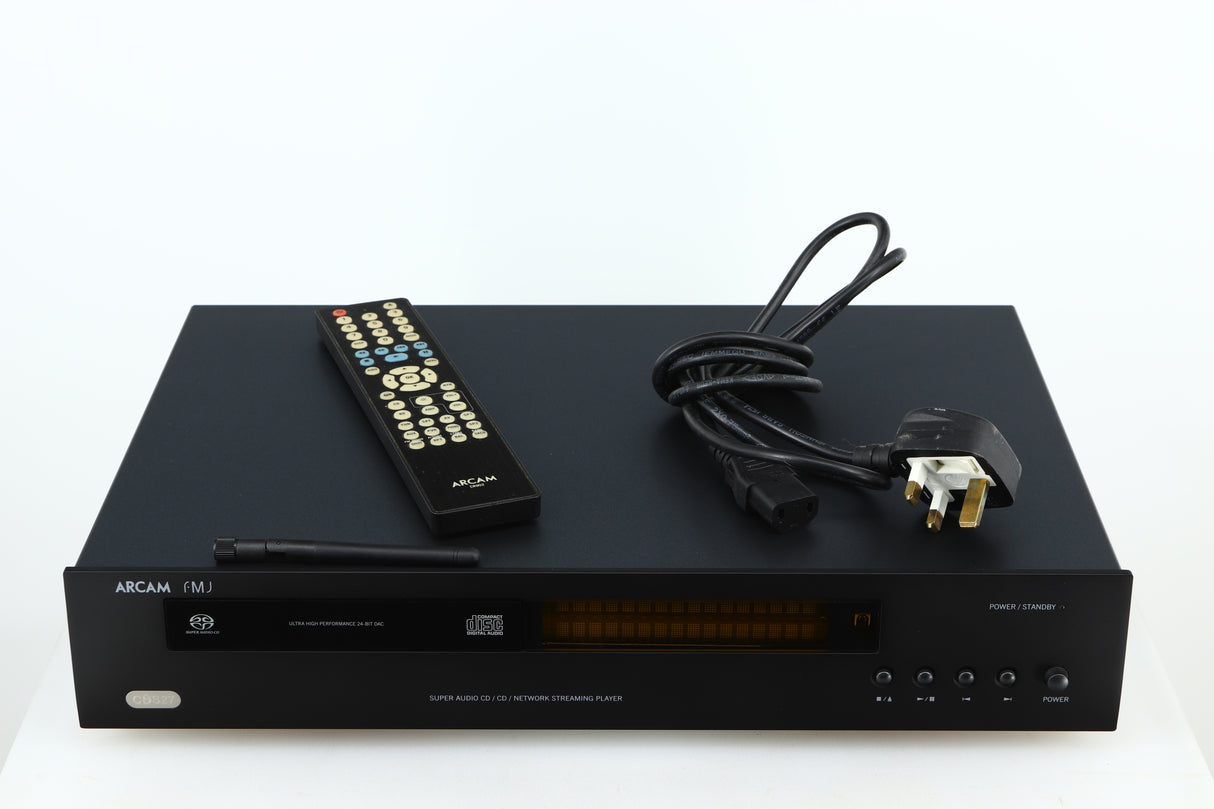 Top of a used Arcam FMJ CDS27 CD Player in a black finish showing Mains Cable, Antenna and Remote 
