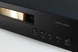 Close up of a used Arcam FMJ CDS27 CD Player in a black finish showing the fascia