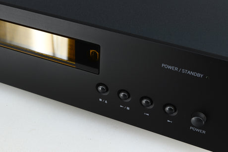 Close up of a used Arcam FMJ CDS27 CD Player in a black finish showing the fascia
