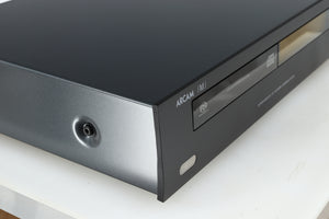 Front left corner of a used Arcam FMJ CDS27 CD Player in a black finish