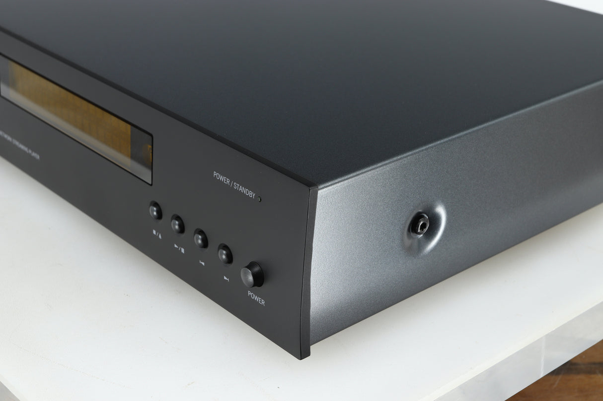 Front right corner of a used Arcam FMJ CDS27 CD Player in a black finish