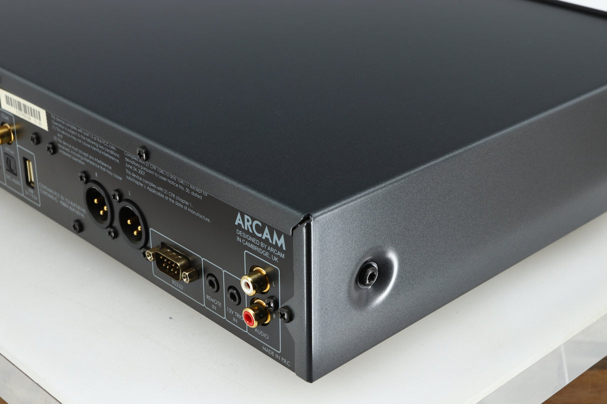 Rear left corner of a used Arcam FMJ CDS27 CD Player in a black finish
