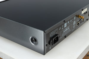 Rear right corner of a used Arcam FMJ CDS27 CD Player in a black finish