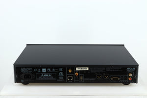 Rear view of a used Arcam FMJ CDS27 CD Player in a black finish showing Mains Input, Optical Input, Network Input, USB Input and Phono Inputs