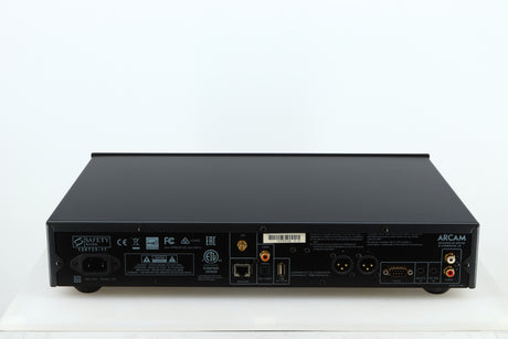 Rear view of a used Arcam FMJ CDS27 CD Player in a black finish showing Mains Input, Optical Input, Network Input, USB Input and Phono Inputs