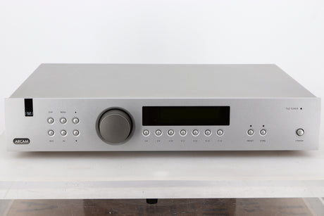 Front view of a used Arcam FMJ T32 FM / DAB Tuner in a silver finish
